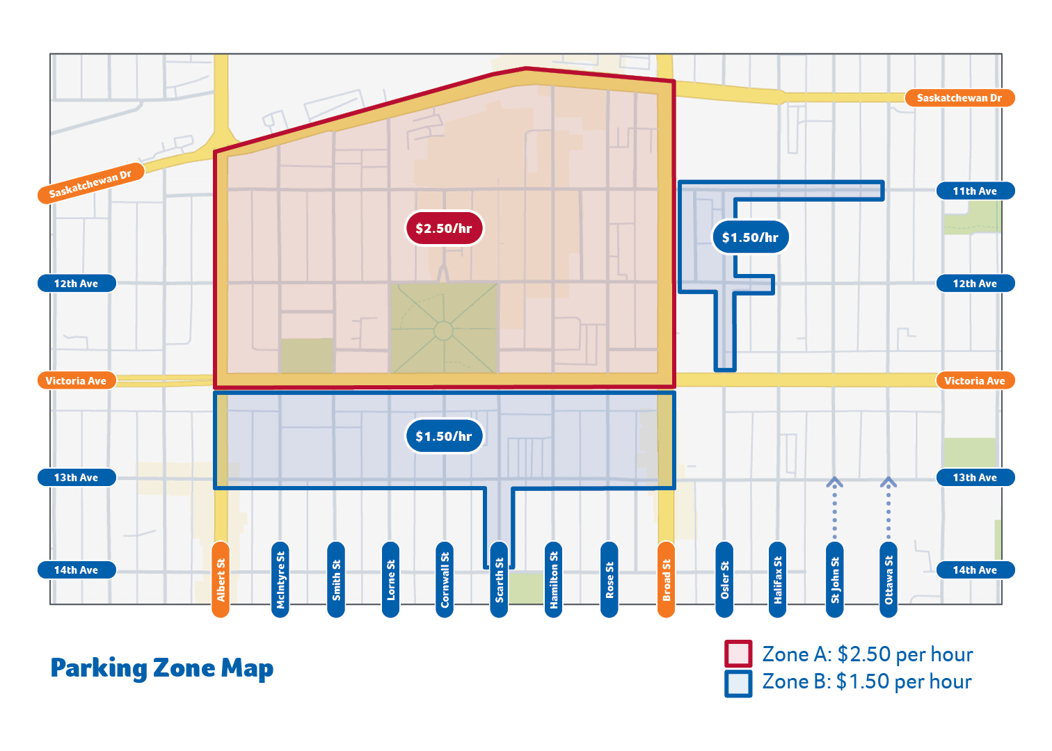 Parking Zone Map A map of downtown Regina showing Zone A and Zone B areas.